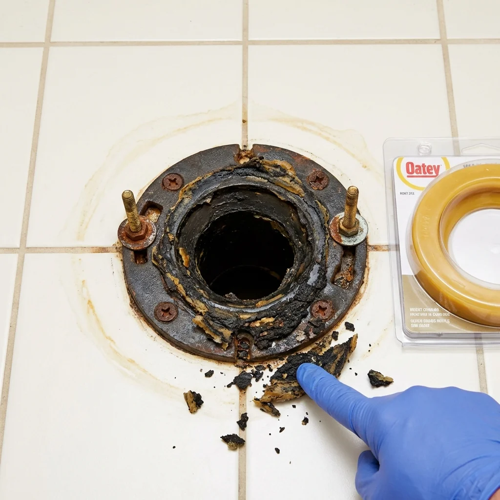 Failed wax ring showing water seepage at the base of a toilet in a Geneva, NE home