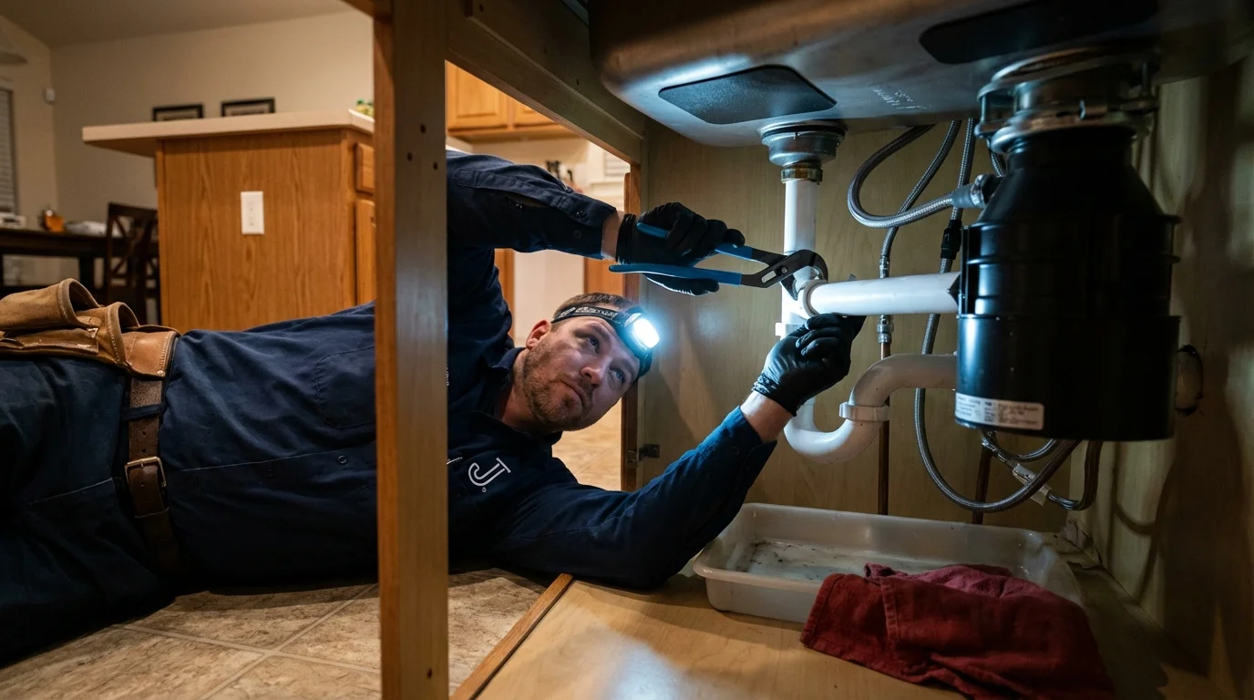 P-trap and supply line connections under a kitchen sink showing a common leak point in Geneva, NE